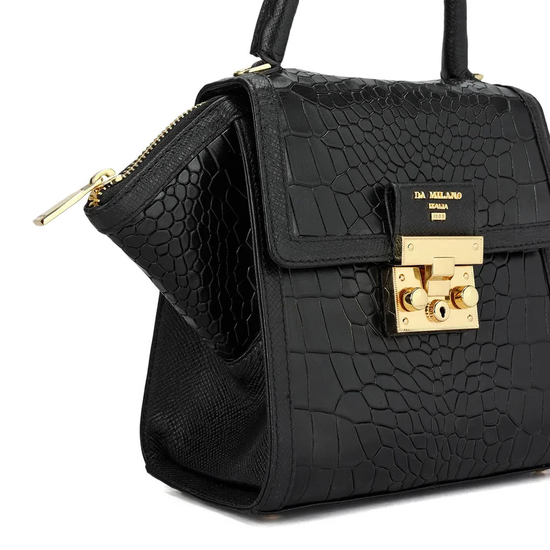 Da Milano Black Small Croco Leather Satchel - Black for Women | Best Price UAE